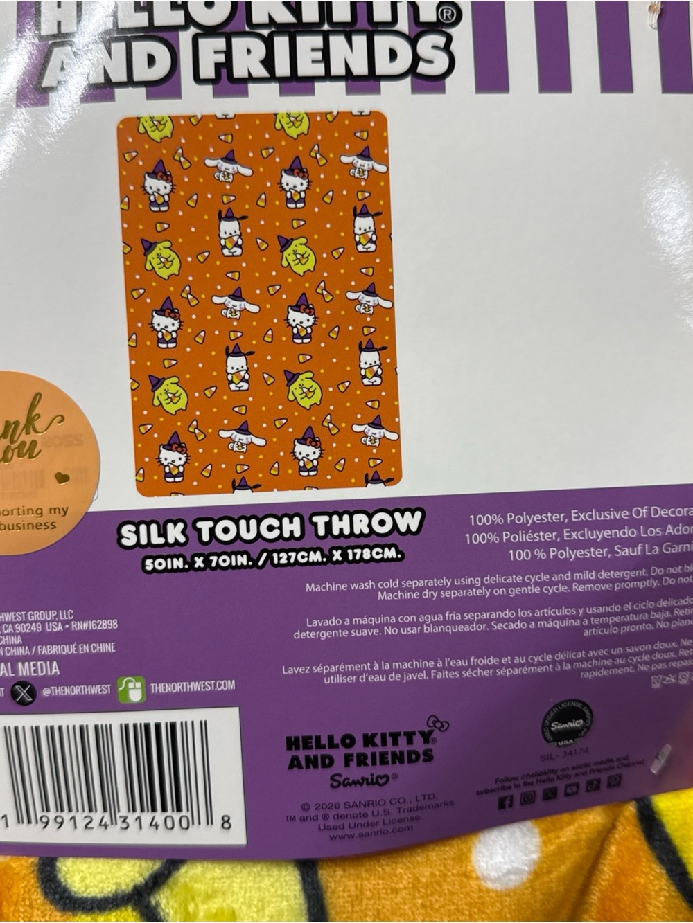 New Hello Kitty & Friends Candy Corn Crew Orange Halloween Blanket On Hanger - Picture 3 of 8